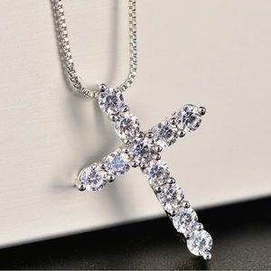 New Shiny crystal classic cross Pendant 925 Silver color Necklace Women Men